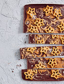 Dark chocolate bark with biscoff swirl and salted pretzels