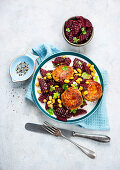 Fish cakes with marinated beetroot