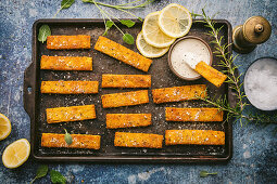 Golden brown polenta fries with dip