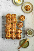 Savory hot cross buns with cheddar and parmesan cheese