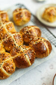Savory Hot Cross Buns with cheddar and parmesan cheese