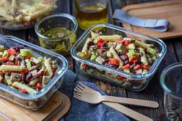 Pasta salad with baked turkey and red kidney beans