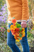 Woman holding bouquet of dahlias (Dahlia), marigolds (Calendula) and nasturtium (Tropaeolum)