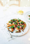 Giant blini with smoked salmon and beets