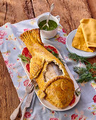 Fish in salt crust and green sauce