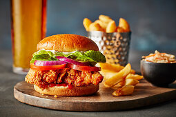 Fried chicken sandwich with fries