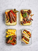 4x vegetarian polenta with ratatouille and sausages - soft polenta , polenta chips, sandwiches with sausages
