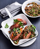 Loaded sweet potatoes with quorn tabbouleh