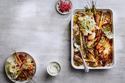 Baked farro with carrot and haloumi