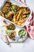 Butterlied coriander chickens and pan stuffing