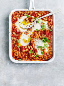 Red chilli beans with baked eggs