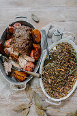 Cider-braised pork with pancetta lentils and apples