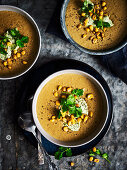 Spicy corn chowder with avocado cream