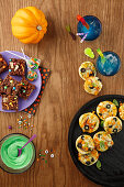 Halloween mini pizzas, brownies and blue drinks