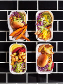 4x Protein-Burger zum Lunch – grüner Burger mit Wedges, Brokkoli-Käse, Rote-Bete-Burger-Salat, Rote-Bete-Burger mit Wedges