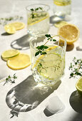Water with thyme, lime, lemon, and ice