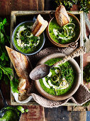 Broccoli and kale soup with lemon creme fraiche