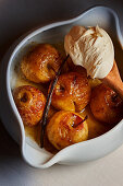 Baked apples with honey, vanilla, and creme fraiche