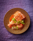 Salmon with langoustines and noodles