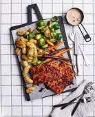 Mustard-maple-glazed tofu 'ham' with roasted vegetables