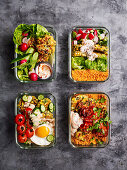 Tempeh four ways: with corn and salad cups with corn couscous salad, with corn fritters and with corn couscous pilaf