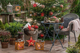 Geschmückter Christbaum neben Sitzplatz auf der Terrasse mit Topfpflanzen und Kerzen