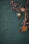 Teal tablecloth with Christmas decorations