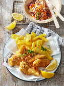 Fish and chips with spicy slaw