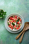 Watermelon salad with cucumber and feta cheese