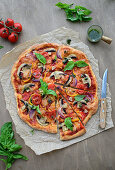 Pizza with mushrooms and vegetables