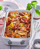 Penne au gratin with salsiccia sausage and beans