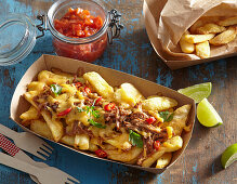 Fries topped with Spicy Pulled Pork and Cheddar Cheese