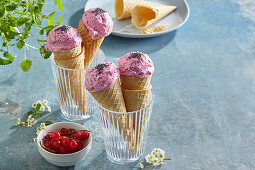 Currant ice cream with poppy seeds in a waffle cones