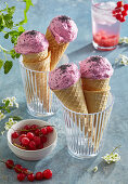 Blackcurrant ice cream cones with poppy seeds