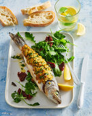 Grilled trout with herb crumbs