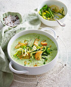 Zucchini basil soup with garlic croutons