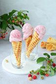 Homemade raspberry ice cream cones (cream, condensed milk and raspberry puree)