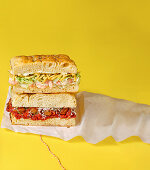 Shrimp and mayo sandwich, vegan meatball focaccia sub