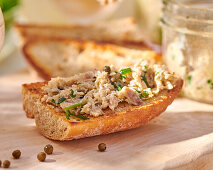 Chicken rillettes on toasted bread