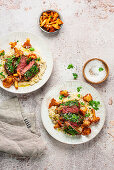 Herbed beef steak with chanterelle risotto