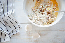 Eggs and oat flakes for cookie dough