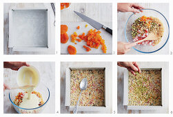 Preparing white chocolate Christmas bars with puffed rice, apricots and pistachios