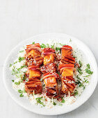 Pineapple and pork fillet skewers with char siu sauce