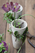 Checkerboard flower (Fritillaria) in a tall, slender clay pot, wrapped with beech branches as a cutting aid and sorrel leaves