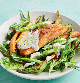 Chipotle salmon on roasted carrot and asparagus salad