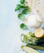 Ingredients for zucchini and garlic crisp salad with burrata