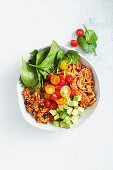 Mexican rice bowl with pulled pork