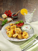 Baked tortellini with cucumber and onion dip