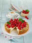 Raspberry crumble cake with almond and nut crunch base