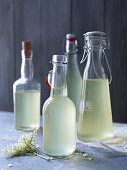 Bottles of elderflower syrup